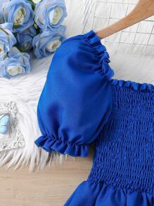 SHEIN 女孩泡泡袖褶邊打攬連衣裙 - 寶藍色 - 查看 3