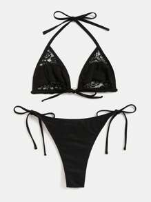 Swim SXY 蕾絲拼接吊脖側繫帶比基尼泳裝 - 黑色 - 查看 3