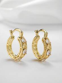 1 Cặp bông tai kẹp hình trái tim bằng hợp kim đồng Cubic Zirconia, Trang sức thời trang đeo hàng ngày, Quà tặng, Ngày lễ tình nhân - Vàng - Xem 1