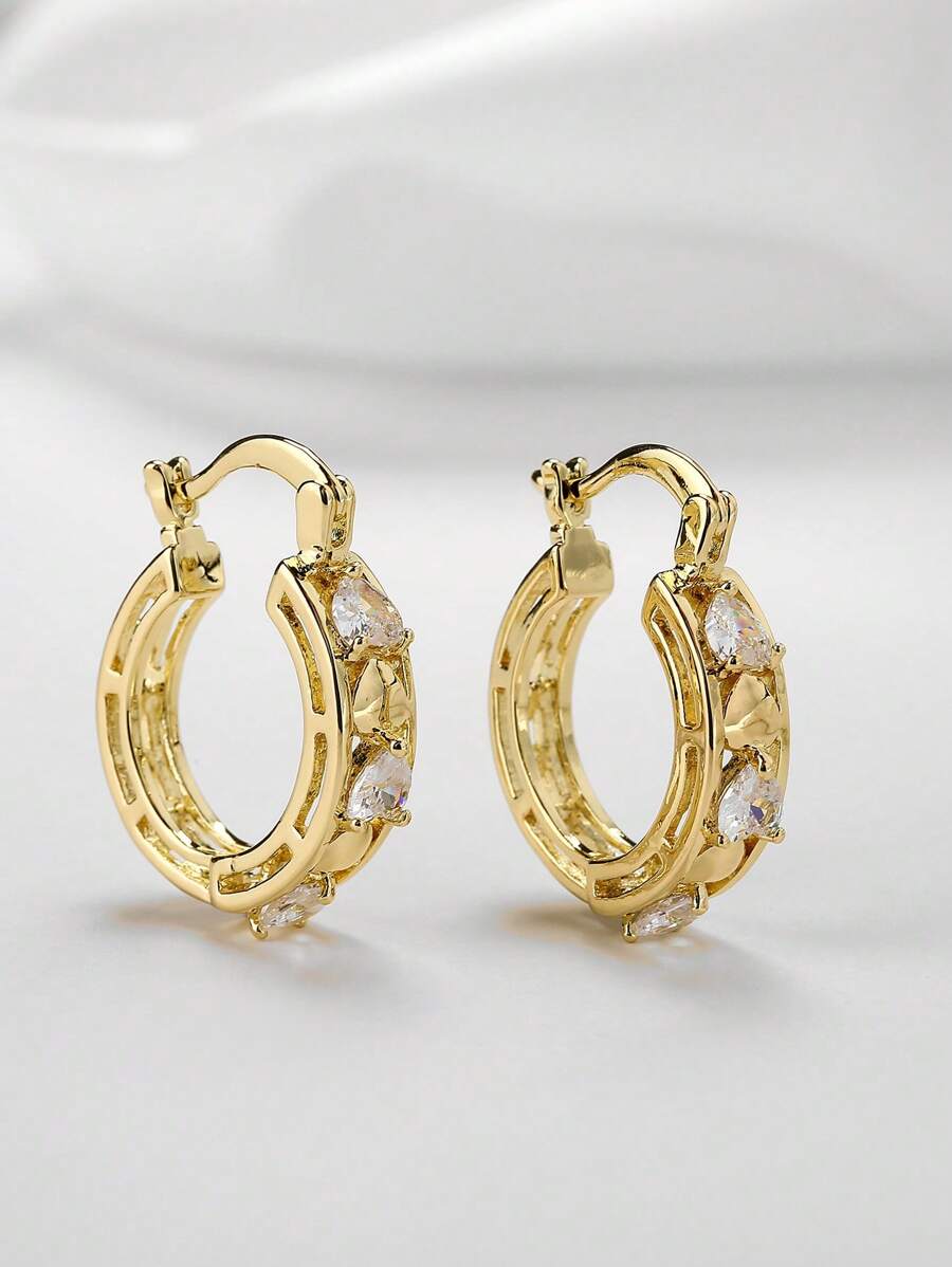 1 Cặp bông tai kẹp hình trái tim bằng hợp kim đồng Cubic Zirconia, Trang sức thời trang đeo hàng ngày, Quà tặng, Ngày lễ tình nhân - Vàng - Xem 1