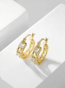 1 Cặp bông tai kẹp hình trái tim bằng hợp kim đồng Cubic Zirconia, Trang sức thời trang đeo hàng ngày, Quà tặng, Ngày lễ tình nhân - Vàng - Xem 3