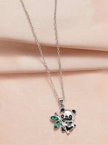水鑽裝飾貓熊吊墜項鍊 - 銀色 - 查看 2