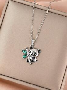 水鑽裝飾貓熊吊墜項鍊 - 銀色 - 查看 4