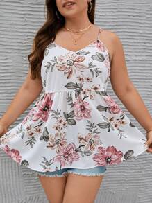 SHEIN LUNE Áo hai dây Plus Size Viên lá sen Hoa Boho - trắng - Xem 3