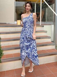 DAZY Allover Print One Shoulder Tulip Hem Dress Sundress - Blue and White - View 6