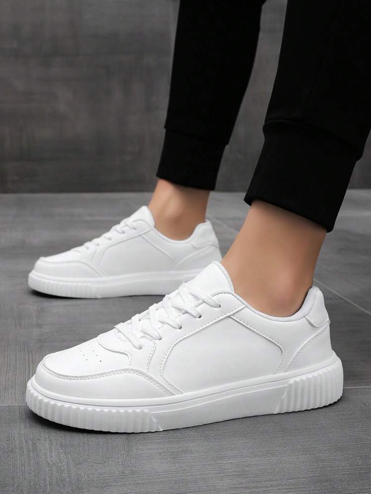 Homme Baskets minimaliste patin à lacets sport - Blanc - Voir 2
