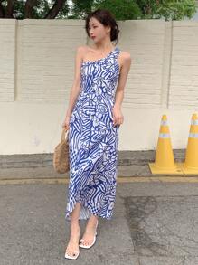 DAZY Allover Print One Shoulder Tulip Hem Dress Sundress - Blue and White - View 7