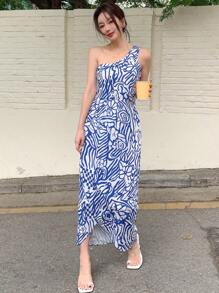 DAZY Allover Print One Shoulder Tulip Hem Dress Sundress - Blue and White - View 11