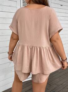 SHEIN LUNE Bộ thời trang Plus Size Viên lá sen Nút phía trước màu trơn Giải trí - Màu be - Xem 2