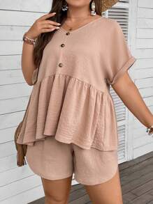 SHEIN LUNE Bộ thời trang Plus Size Viên lá sen Nút phía trước màu trơn Giải trí - Màu be - Xem 4