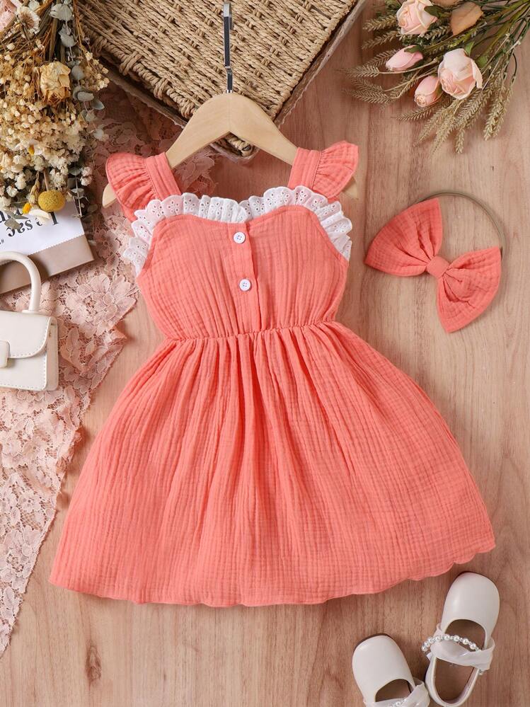 SHEIN Petite fille Robe à volants à bouton avec bandeau - Rose orangé - Voir 1