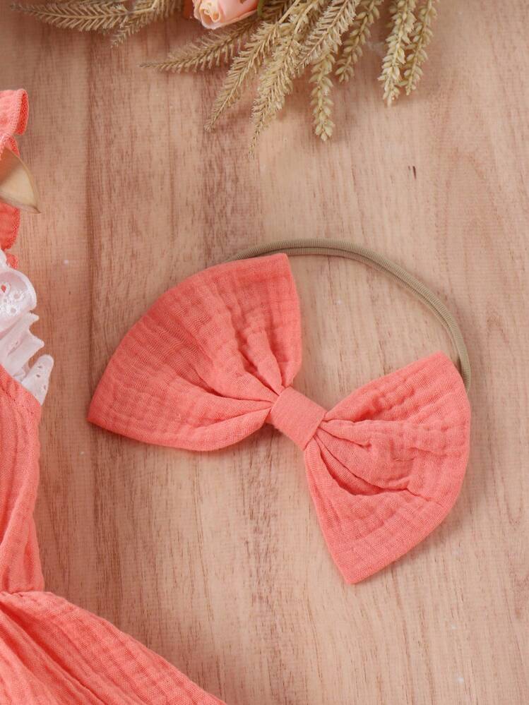 SHEIN Petite fille Robe à volants à bouton avec bandeau - Rose orangé - Voir 3