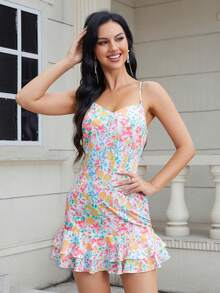 滿版印花荷葉邊吊帶連衣裙 - 彩色 - 查看 3