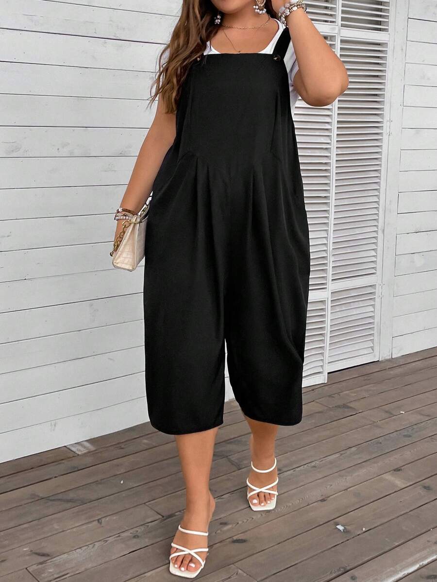 SHEIN LUNE Plus Solid Overall Jumpsuit Without Tee - Black - View 1