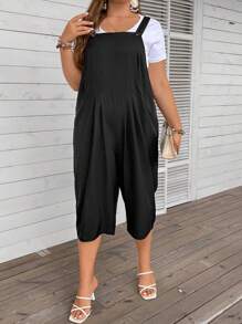 SHEIN LUNE Plus Solid Overall Jumpsuit Without Tee - Black - View 4