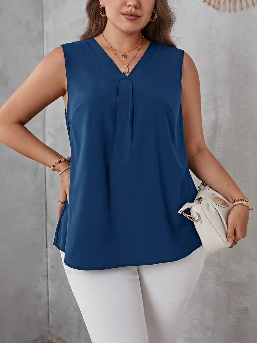 SHEIN LUNE Blouse sans manches unicolore col en V - Bleu marine - Voir 1