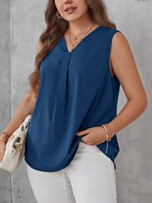 SHEIN LUNE Blouse sans manches unicolore col en V - Bleu marine - Voir 4