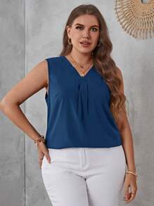 SHEIN LUNE Blouse sans manches unicolore col en V - Bleu marine - Voir 5