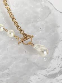 1入組時尚人造珍珠墜飾OT搭扣項鍊適合女士日常裝飾 - 彩色 - 查看 4