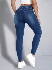 蝴蝶圖案緊身牛仔褲 - 深色水洗藍 - 查看 2