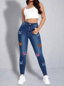 蝴蝶圖案緊身牛仔褲 - 深色水洗藍 - 查看 3