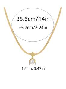 1入組時尚鋅合金人造珍珠裝飾圓形吊飾項鍊適合女士日常裝飾 - 金黃色 - 查看 6