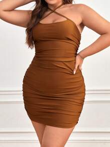 evoluSHEIN X Anitta Đầm Plus Size Lộ Lưng Hội Chữ thập Xù màu trơn Thanh lịch - màu nâu - Xem 4