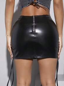 Hauture Grommet Lace Up PU Leather Skirt - Black - View 2
