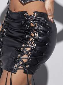 Hauture Grommet Lace Up PU Leather Skirt - Black - View 3