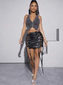 Hauture Grommet Lace Up PU Leather Skirt - Black - View 4