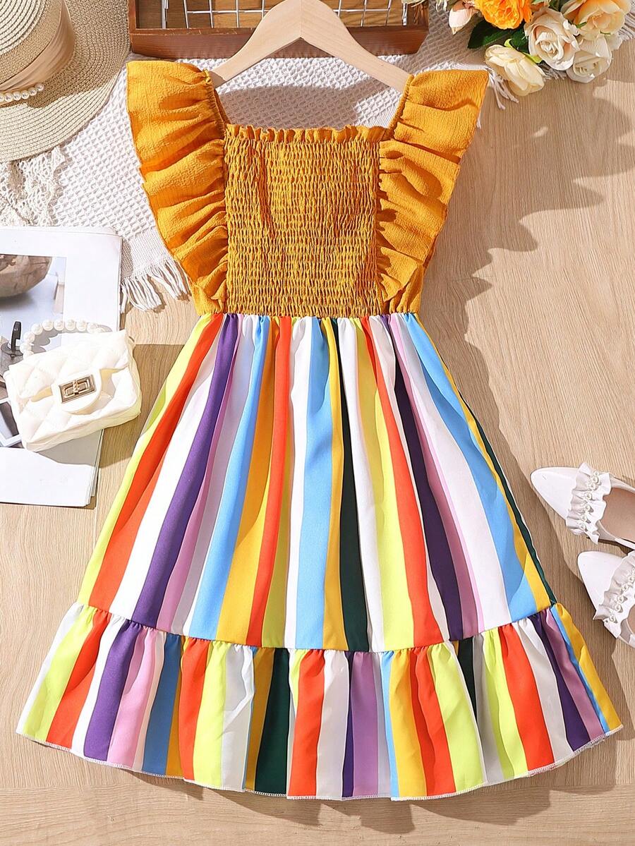 SHEIN Chicas Vestido de rayas combinadas ribete con fruncido bajo con volante - Multicolor - Ver 1