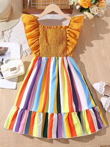 SHEIN Chicas Vestido de rayas combinadas ribete con fruncido bajo con volante - Multicolor - Ver 2