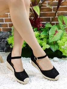 女士極簡編織踝帶坡跟度假坡跟鞋 - 黑色 - 查看 4