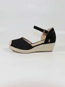 女士極簡編織踝帶坡跟度假坡跟鞋 - 黑色 - 查看 5