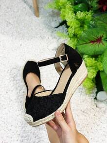 女士極簡編織踝帶坡跟度假坡跟鞋 - 黑色 - 查看 6