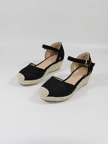 女士極簡編織踝帶坡跟度假坡跟鞋 - 黑色 - 查看 7