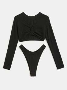 SHEIN Swim Solid Ruched Bikini Set For Summer Beach - Black - View 3