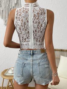 SHEIN Frenchy Mock Neck Lace Crop Tank Top - White - View 2