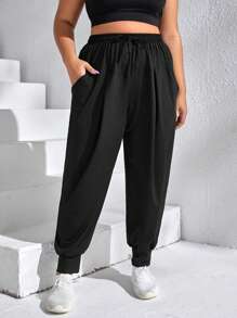 SHEIN Daily&Casual 大碼腰部抽繩運動褲 - 黑色 - 查看 1
