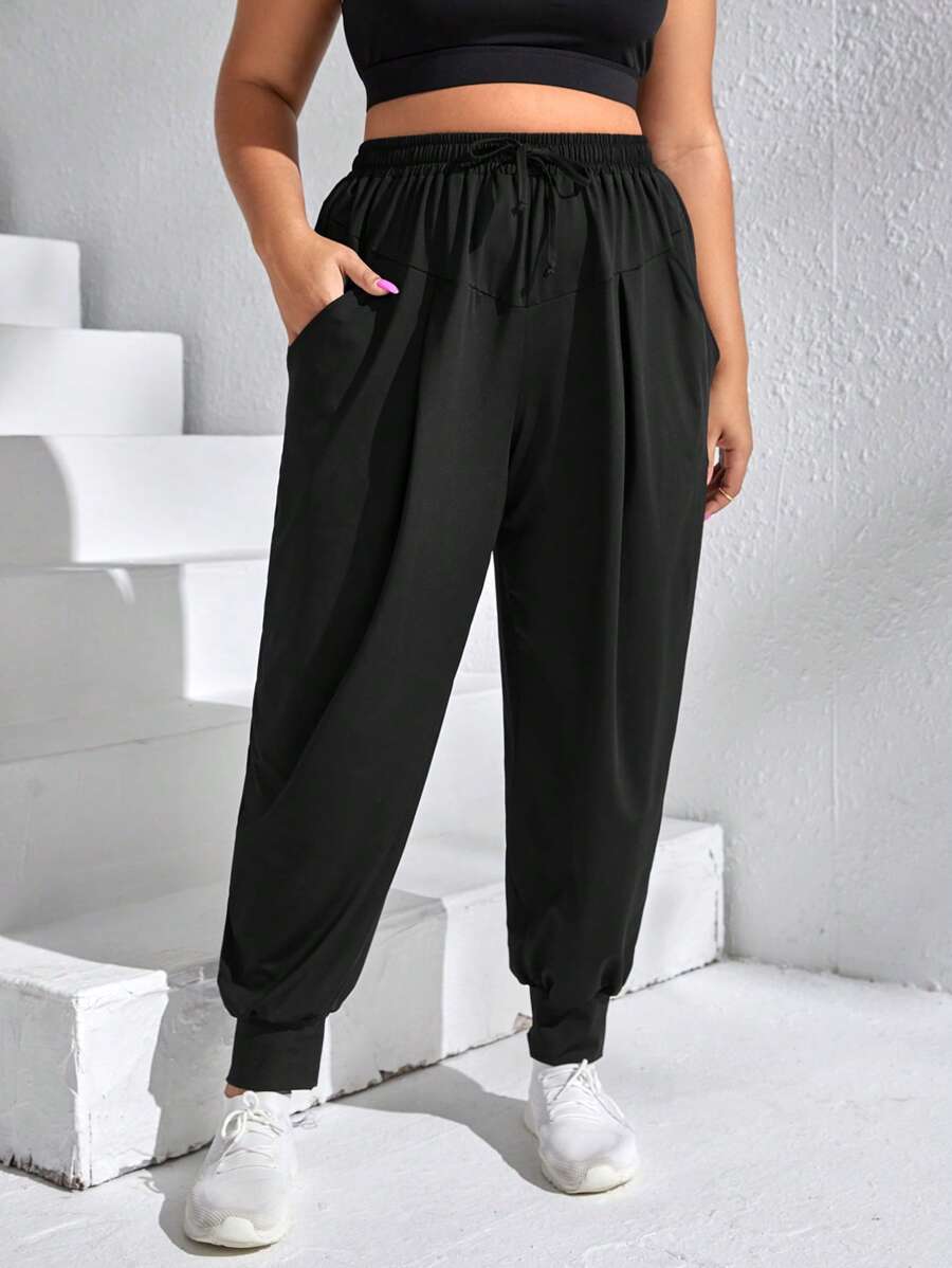 SHEIN Daily&Casual 大碼腰部抽繩運動褲 - 黑色 - 查看 1