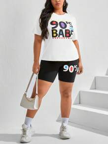 Slaydiva Plus Letter Graphic Drop Shoulder Tee & Cycling Shorts - Black and White - View 3