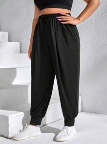 SHEIN Daily&Casual 大碼腰部抽繩運動褲 - 黑色 - 查看 4