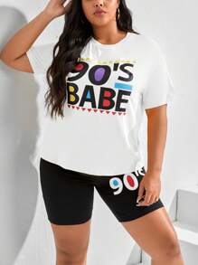 Slaydiva Plus Letter Graphic Drop Shoulder Tee & Cycling Shorts - Black and White - View 1