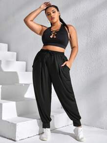 SHEIN Daily&Casual 大碼腰部抽繩運動褲 - 黑色 - 查看 5