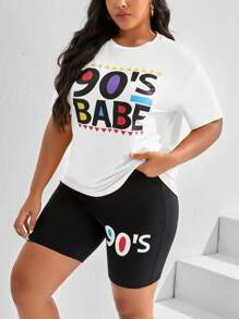 Slaydiva Plus Letter Graphic Drop Shoulder Tee & Cycling Shorts - Black and White - View 5