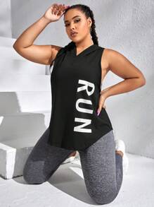 Easithlete Plus Letter Graphic Hooded Sports Tank Top - Black - View 1