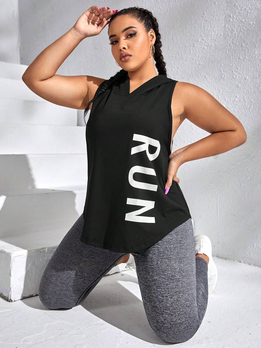 Easithlete Plus Letter Graphic Hooded Sports Tank Top - Black - View 1