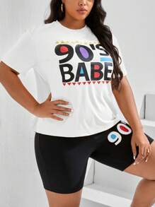 Slaydiva Plus Letter Graphic Drop Shoulder Tee & Cycling Shorts - Black and White - View 6