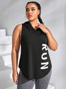 Easithlete Plus Letter Graphic Hooded Sports Tank Top - Black - View 3