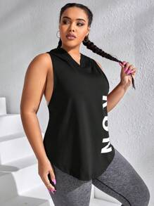 Easithlete Plus Letter Graphic Hooded Sports Tank Top - Black - View 4
